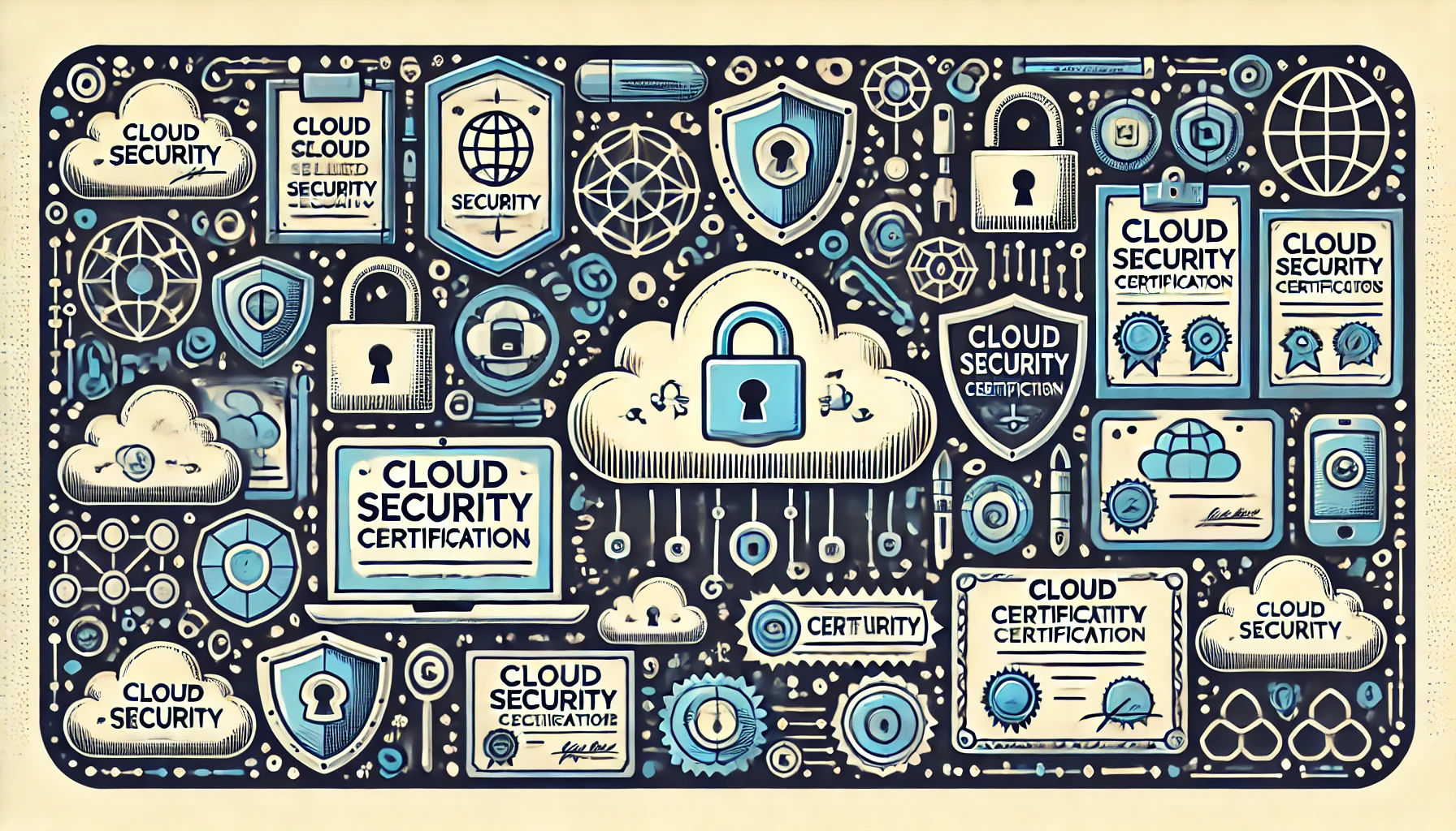 An illustration depicting cloud security certifications, showing symbols like locks, digital shields, cloud icons, and certificates, giving a sense of