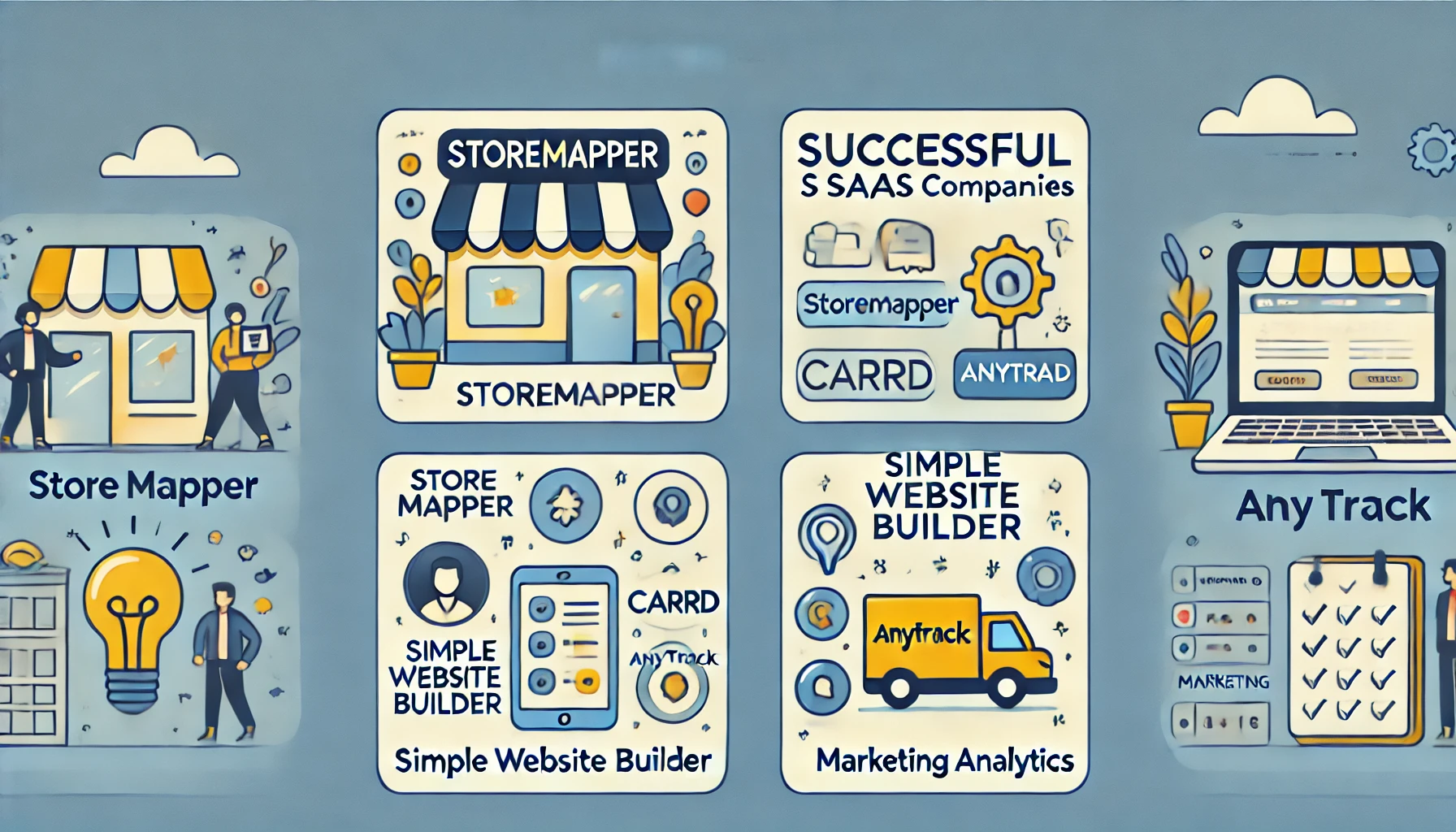 DALL·E 2024-10-08 14.42.33 - A rectangular illustration featuring three examples of successful Micro SaaS companies_ Storemapper, Carrd, and AnyTrack. Include icons representing t