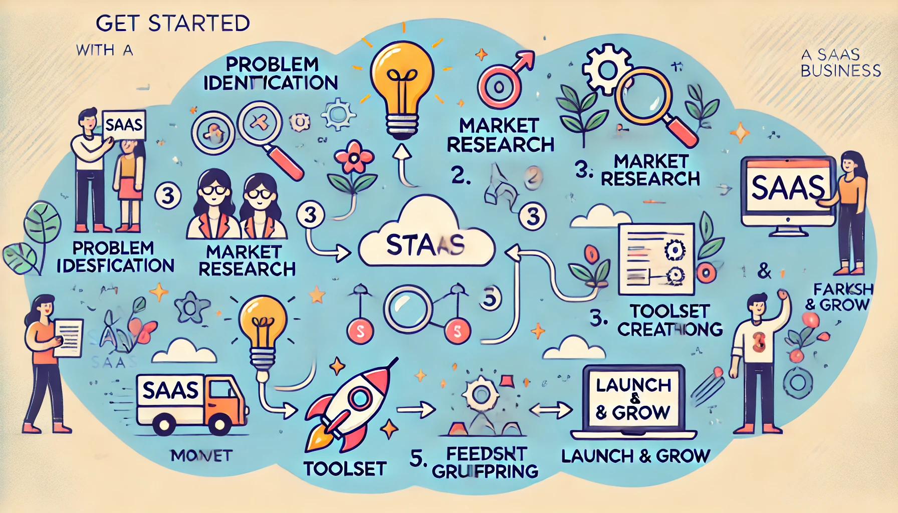 DALL·E 2024-10-08 14.55.49 - A simple and clear illustration representing the steps to get started with a SaaS business. The image features a roadmap with key steps, each labeled