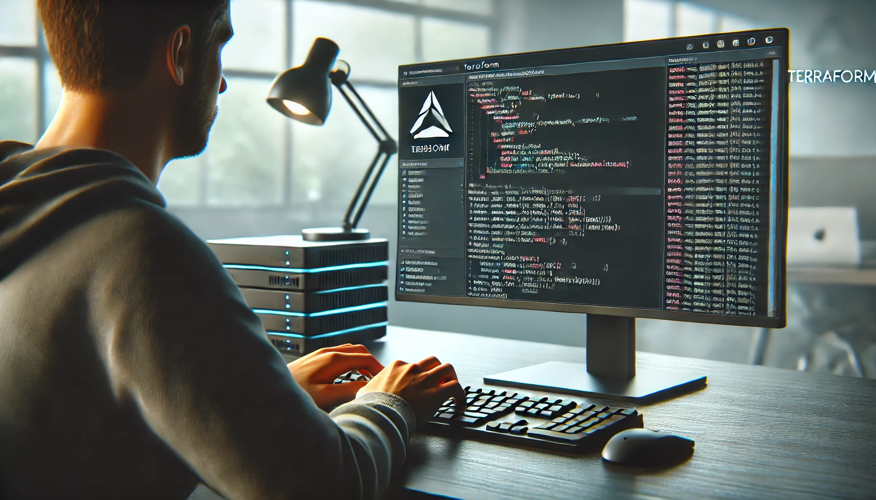DALL·E 2024-10-09 03.13.20 - A realistic image of someone operating a computer with Terraform code displayed on the screen. The person is sitting at a desk, typing on a keyboard,