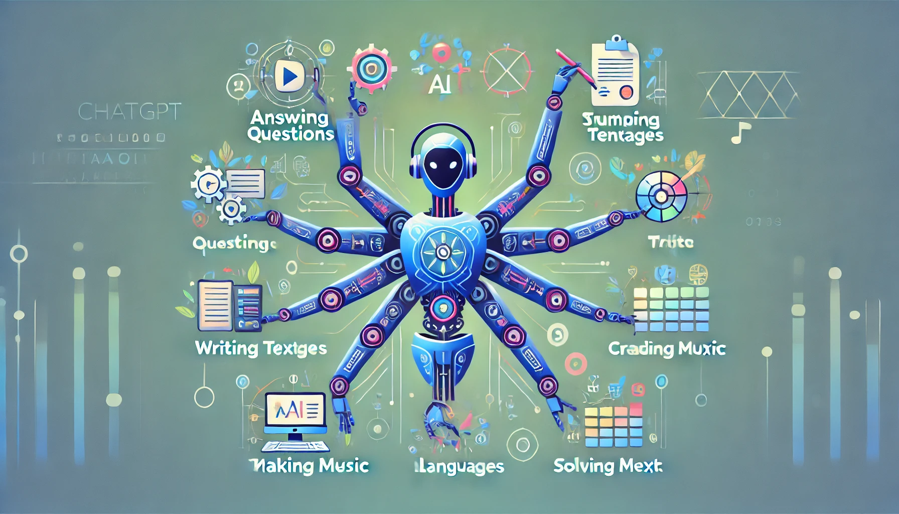 DALL·E 2024-10-10 21.20.50 - A futuristic conceptual illustration showing ChatGPT assisting with nine different tasks simultaneously. The image includes symbols like a robot with