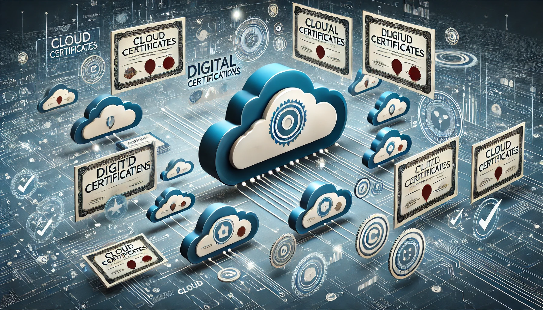 DALL·E 2024-10-11 11.09.03 - A conceptual illustration representing cloud certifications, featuring various digital certificates floating in a cloud environment with a futuristic