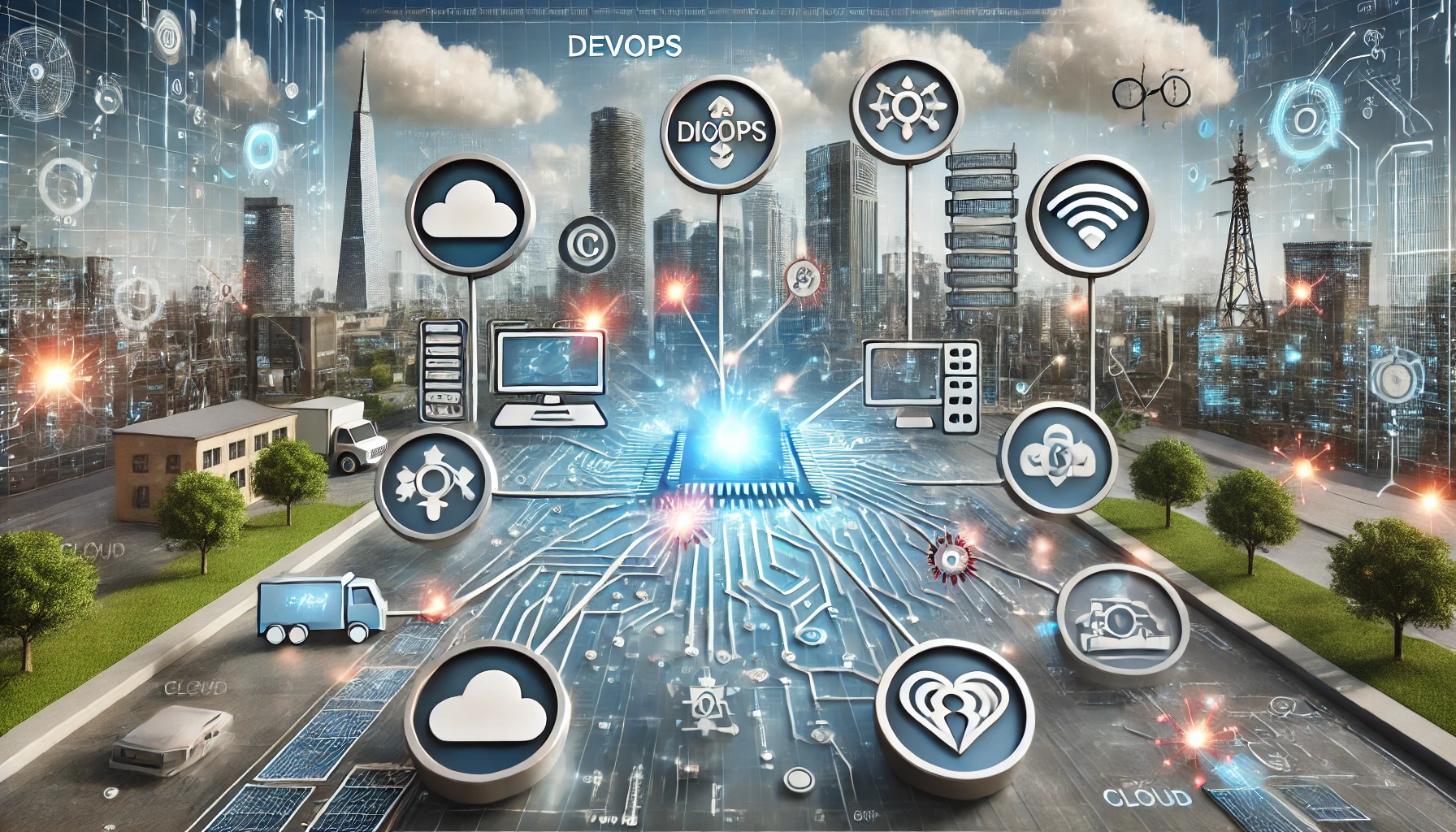 A conceptual illustration of DevOps and edge computing integration. The image should show interconnected edge devices (like IoT sensors, smart cameras