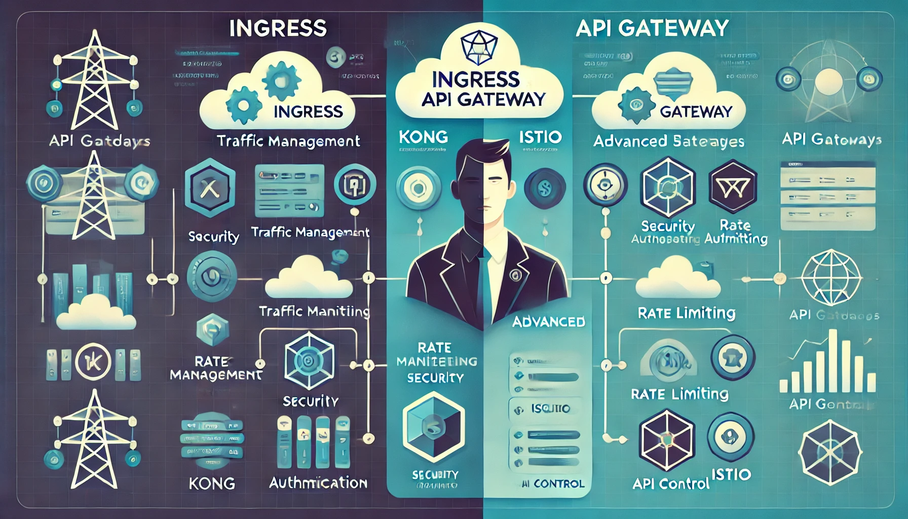 DALL·E 2024-10-17 11.46.02 - A comparison chart illustrating the features of Ingress and API Gateway in Kubernetes. The chart should have visually distinct sections showing Ingres