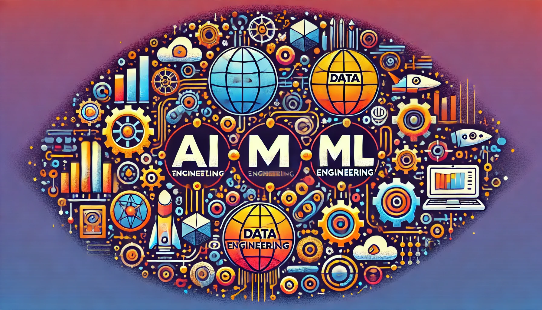 DALL·E 2024-10-17 12.28.47 - An inspiring visual showing AI, ML, and Data Engineering represented as futuristic technology symbols, interconnected to depict their roles in solving