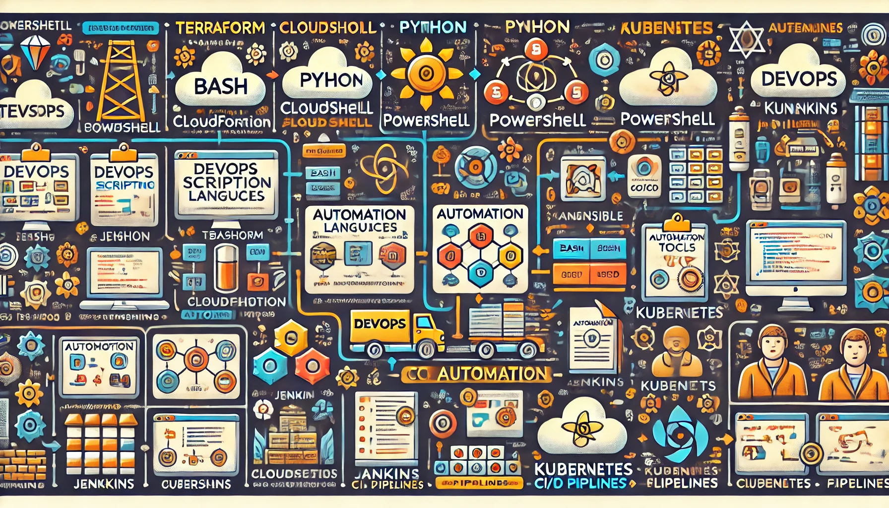 DALL·E 2024-10-20 15.06.24 - A detailed rectangular infographic about DevOps scripting and automation, featuring key scripting languages like Bash, Python, PowerShell, and Ruby. I