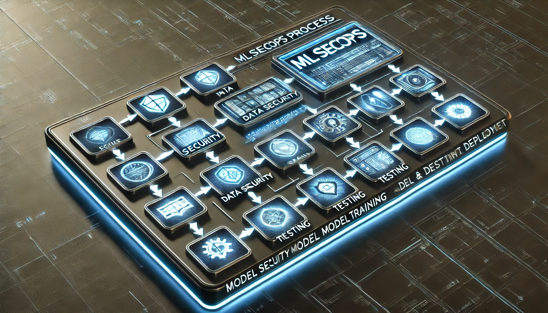 DALL·E 2024-10-21 19.59.21 - A rectangular, futuristic image illustrating the MLSecOps process in a flowchart format. The flowchart should include key stages such as data security