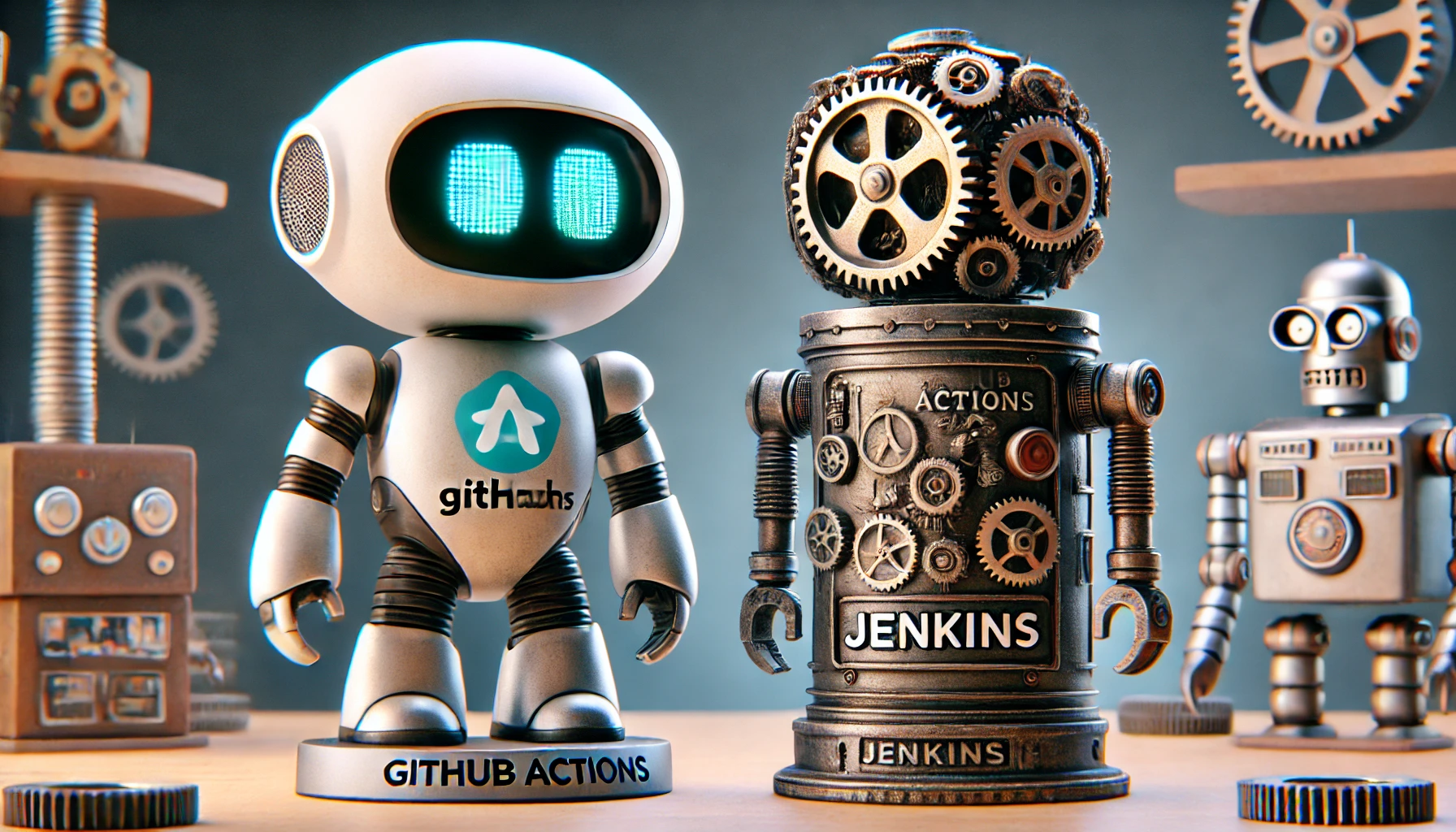 DALL·E 2024-10-22 18.12.22 - A modern, sleek robot representing GitHub Actions, with the GitHub logo on its chest, standing beside a sturdy, slightly weathered robot representing