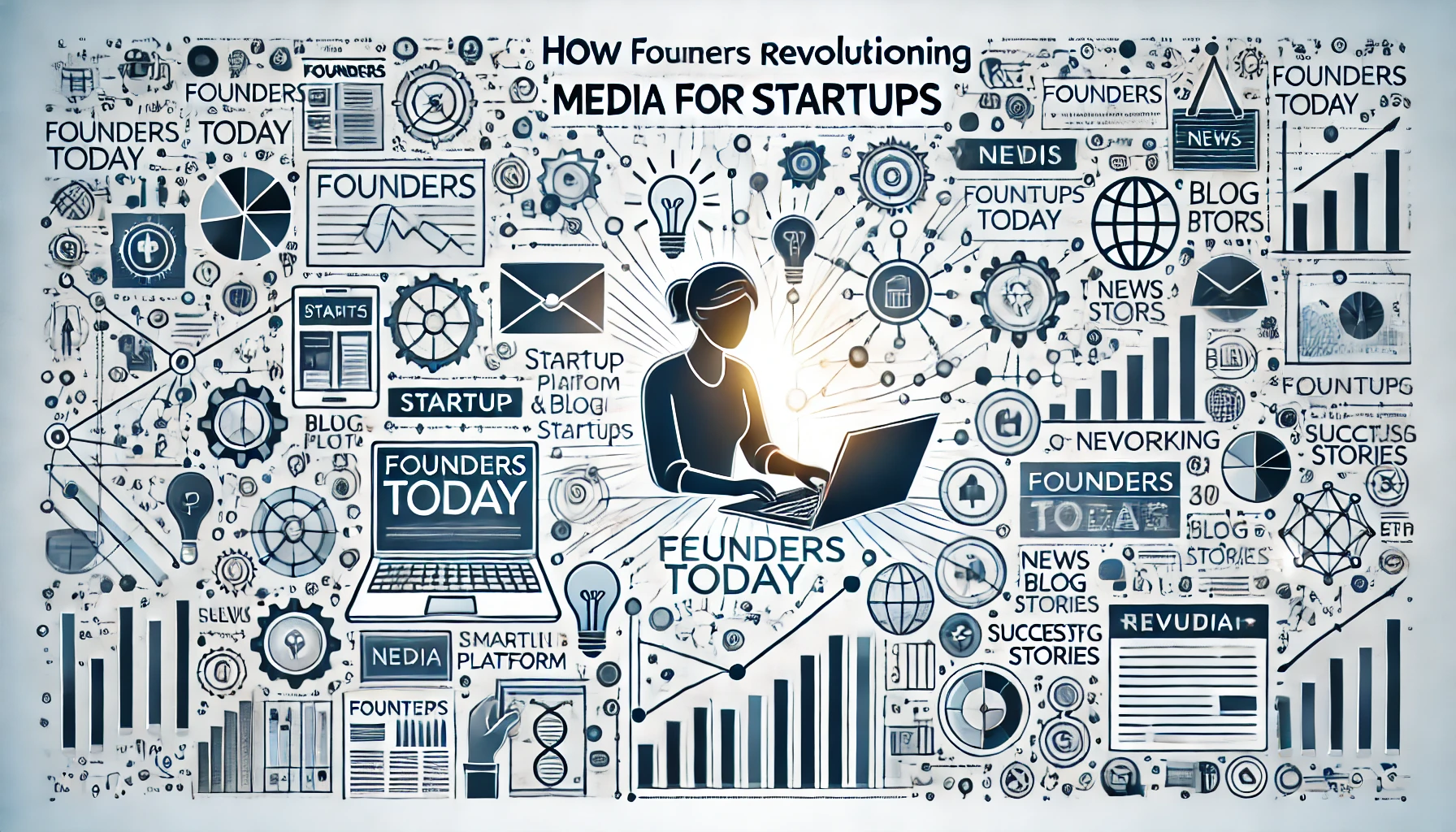 DALL·E 2024-10-22 19.58.37 - A rectangular image depicting the concept of how FoundersToday is revolutionizing media for startups. The image should include elements such as a pers