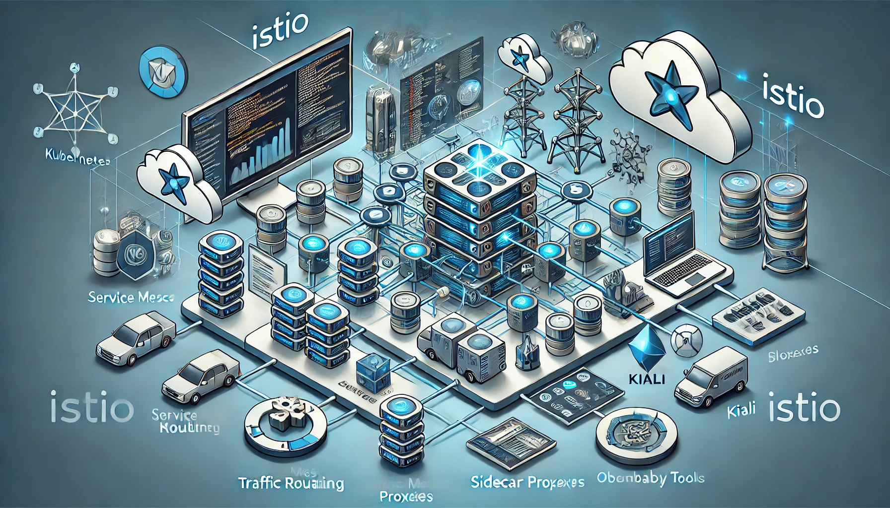 Istio Service Mesh on Kubernetes: Setup and Management Guide DALL·E 2024-10-24 11.39.34 - Illustration of Istio integrated into a Kubernetes cluster, showcasing interconnected services, advanced traffic management, and monitoring dashboards