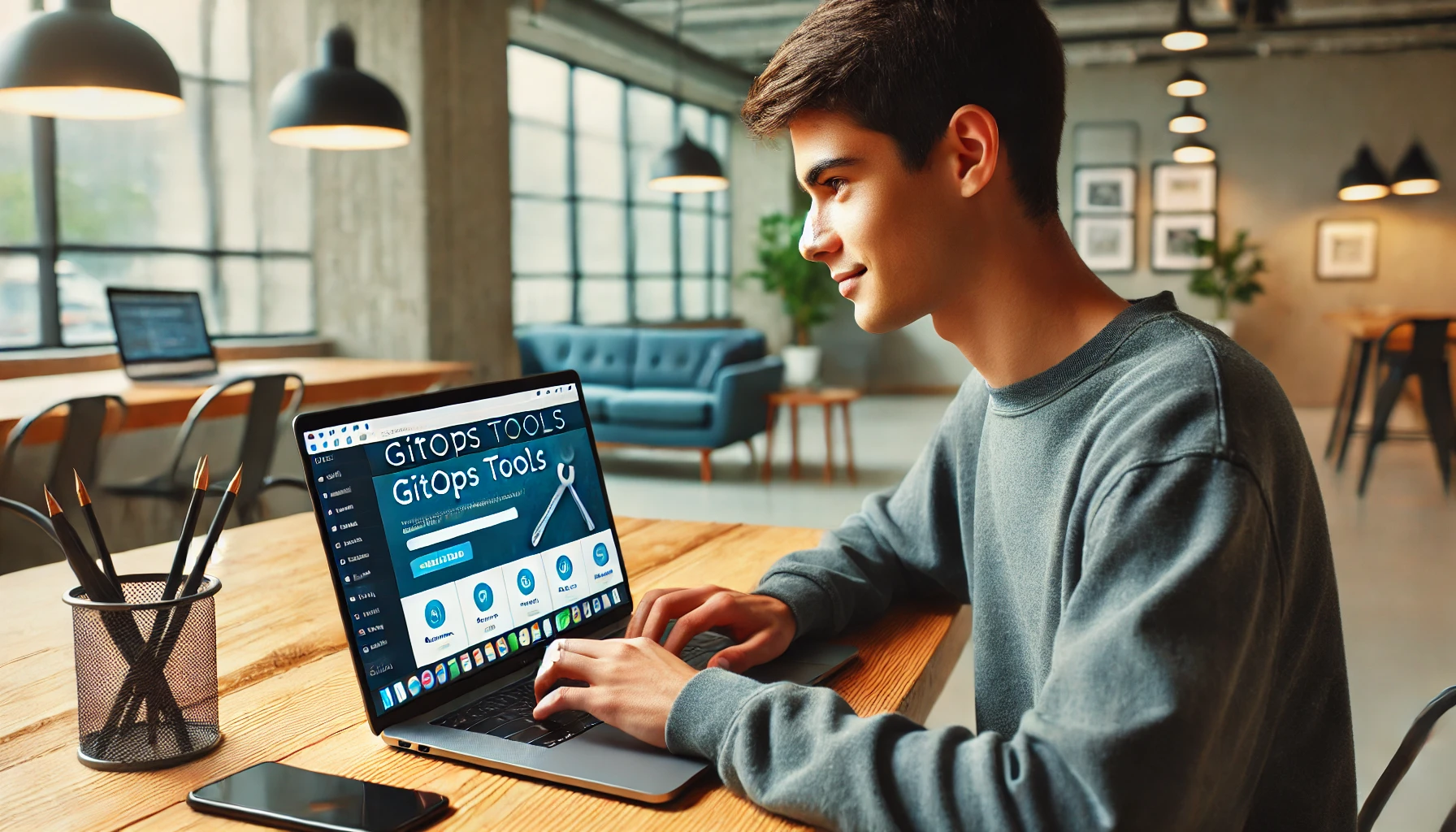 Top 15 Open Source GitOps Tools DALL·E 2024-10-24 12.34.49 - A young professional using a laptop, typing on an open browser with the GitOps tools website displayed. The setting is a modern workspace with a relax