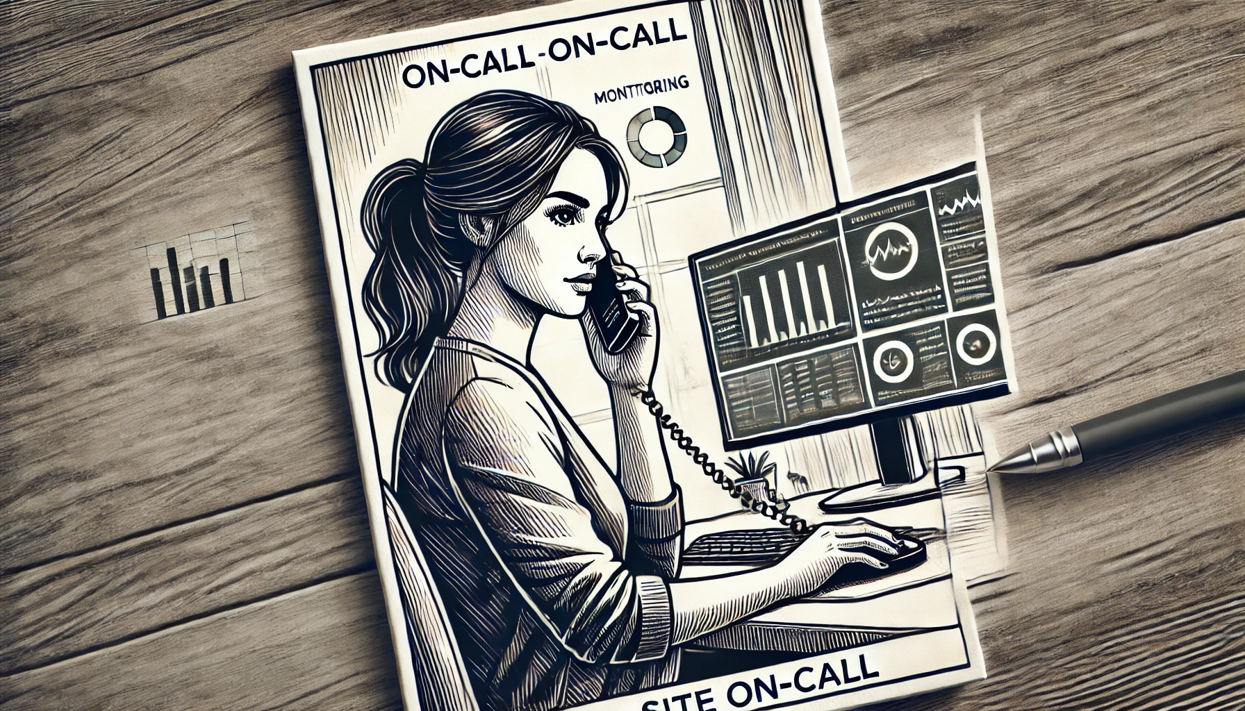 DALL·E 2024-10-24 12.43.39 - A drawing of a woman receiving a phone call while sitting in front of her computer. The setting is a home office, with a computer screen showing monit