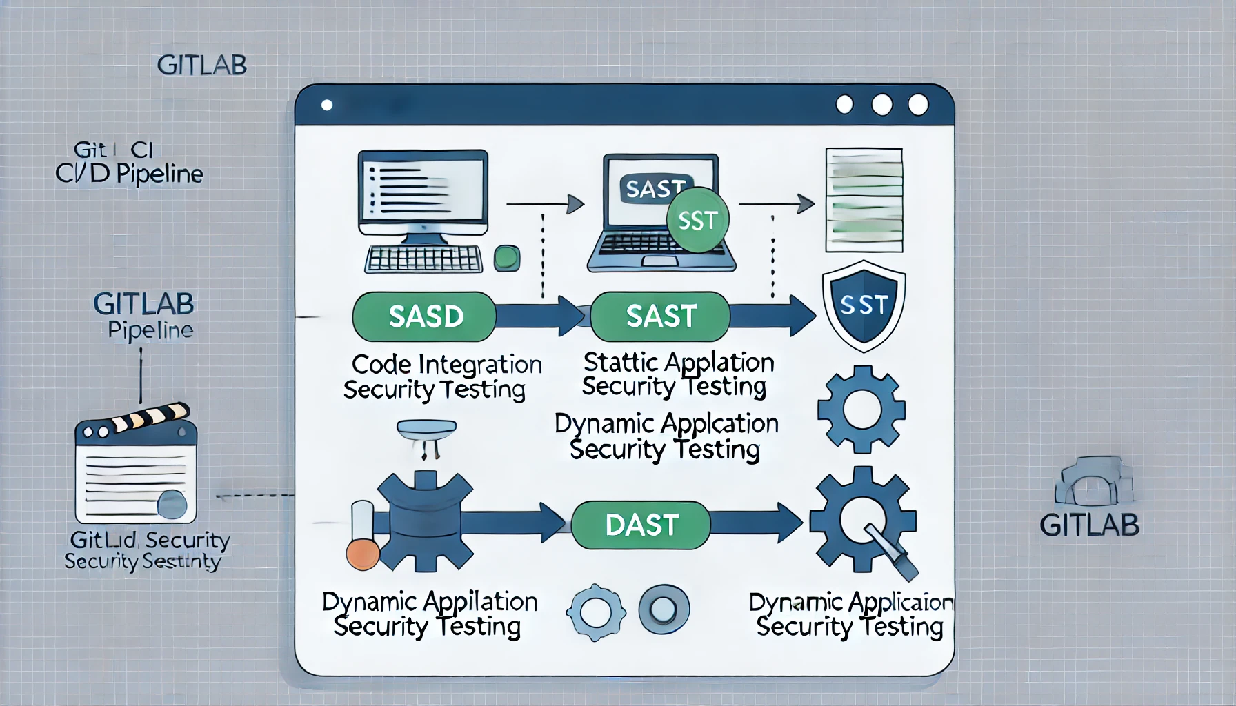 DALL·E 2024-10-24 12.54.06 - An illustration of a GitLab CI_CD pipeline, showing different stages of code integration and security testing, including SAST (Static Application Secu