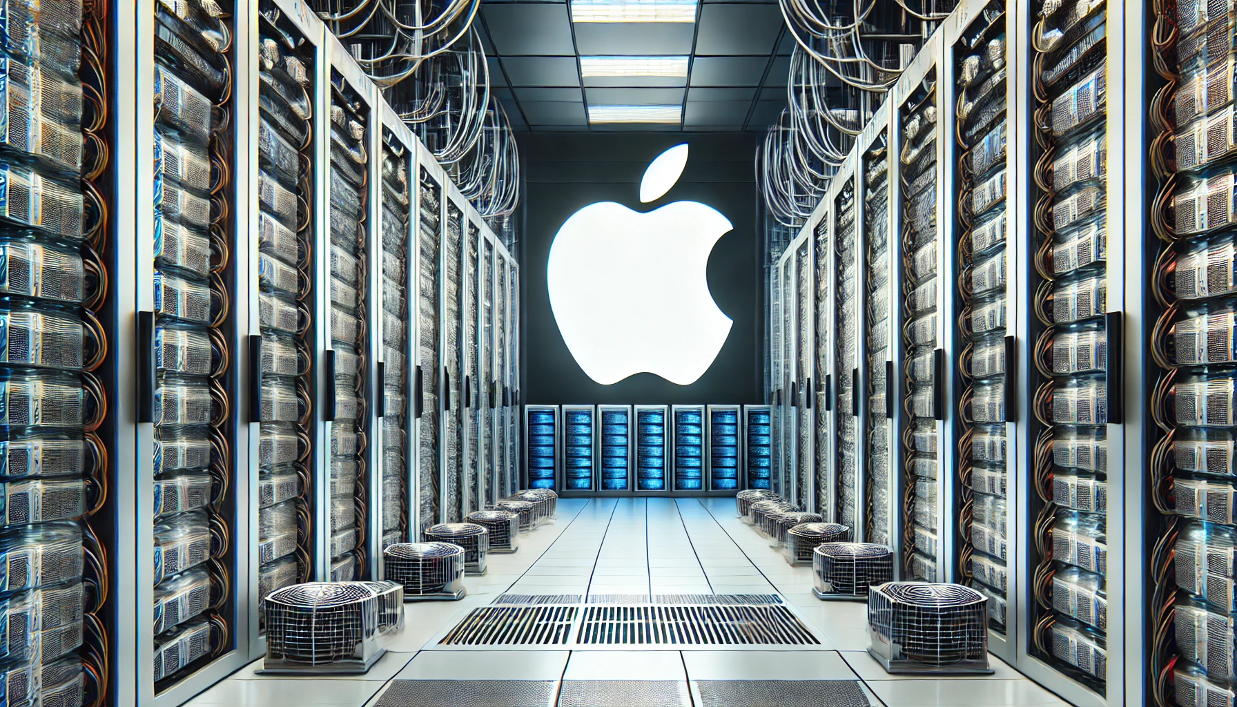 DALL·E 2024-10-25 15.31.31 - A rectangular image featuring the Apple logo alongside a data center. The image should show a modern data center with rows of servers, network cables,