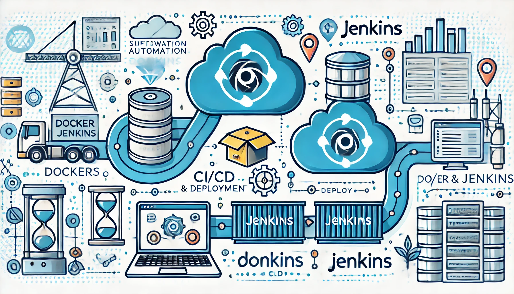 DALL·E 2024-10-22 15.55.11 - An illustration showing a CI_CD pipeline involving Docker and Jenkins. The image should represent software automation, integration, and deployment pro