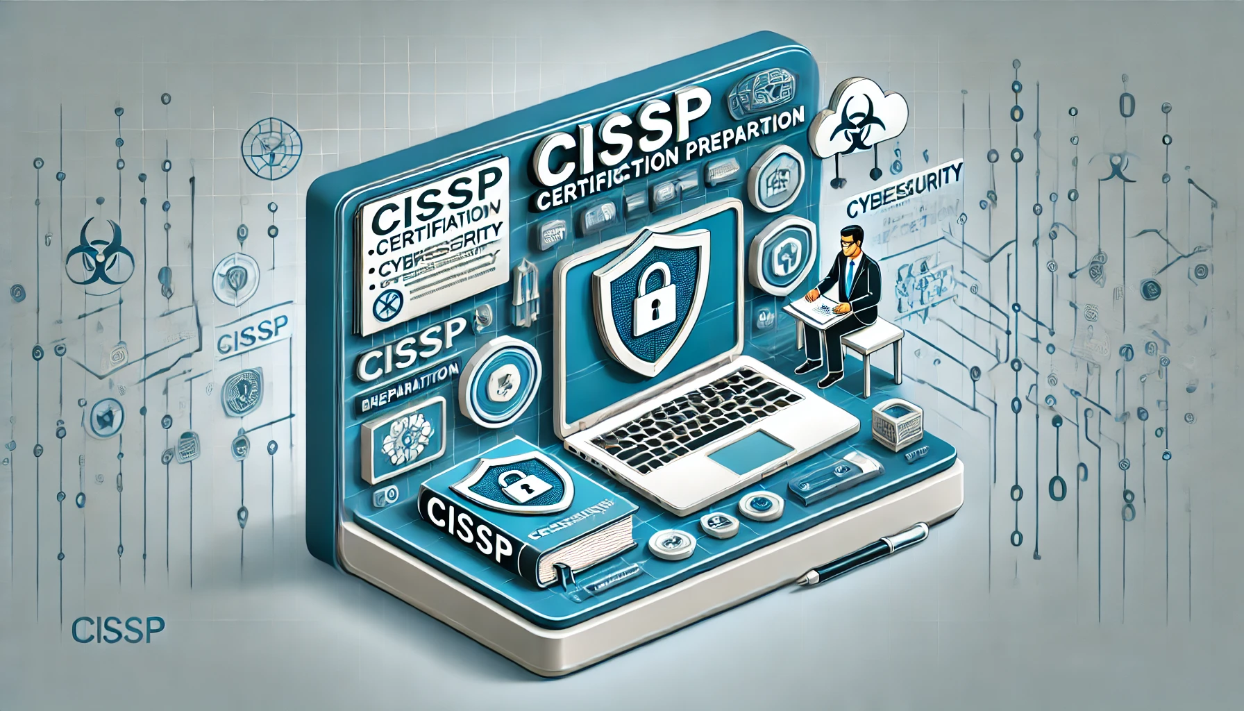 DALL·E 2024-10-24 11.26.36 - A rectangular image about CISSP certification preparation, featuring elements like a professional studying, books, and a laptop displaying cybersecuri