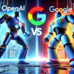 DALL·E 2024-11-02 19.37.37 - A futuristic battle scene between two giant robots representing OpenAI and Google, with a background of a digital cityscape. The OpenAI robot is sleek